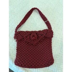 Handmade Macrame Shoulder Bag Burgundy Wine Boho Knotted Lined Purse